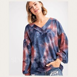 Tie Dye Waffle V-Neck Knit Top w Balloon Slvs
